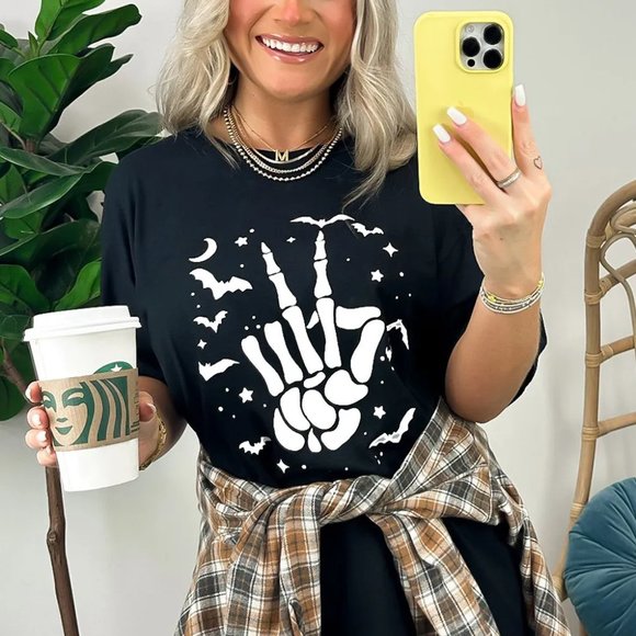 Black Halloween Bat & Skeleton Hand Graphic Tee - Picture 3 of 12